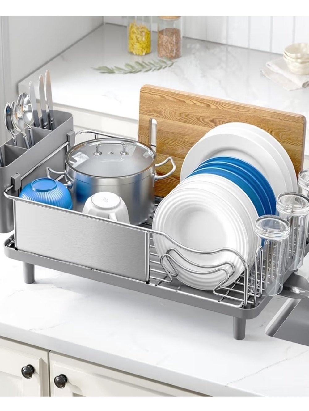 Stainless Steel Dish Drying Rack with Utensil Holder - Silver